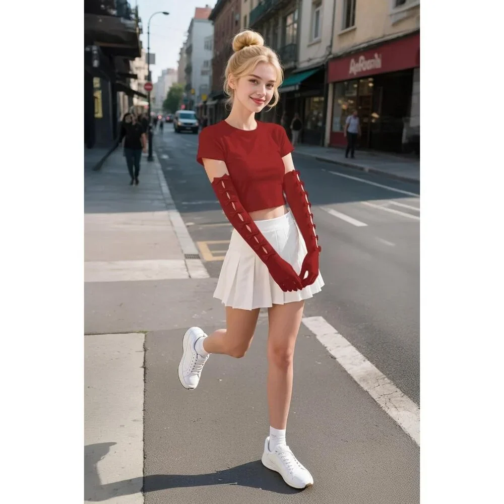 Women's Princess Dark Red Long Sleeves Gloves Bow Lace Mesh Tulle Party Prom